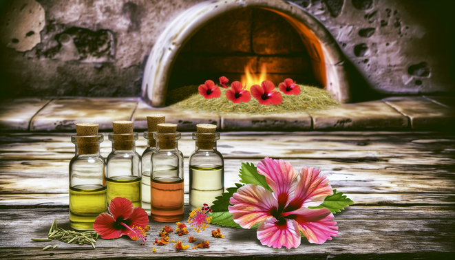 alt_text: A vibrant hibiscus in bloom with infused oil vials, herbs, and a warm, rustic kitchen backdrop.