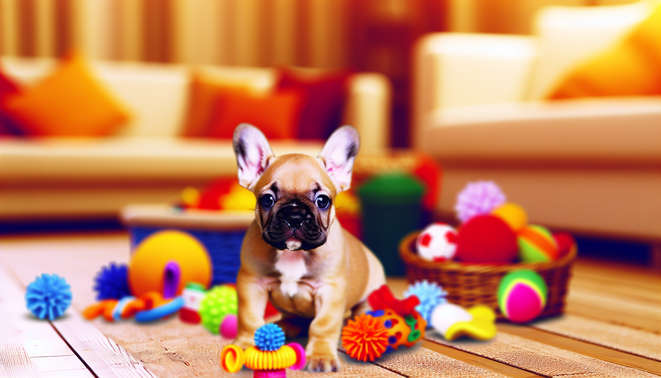 alt_text: Playful French bulldog puppy surrounded by colorful DIY toys in a cozy, inviting living space.