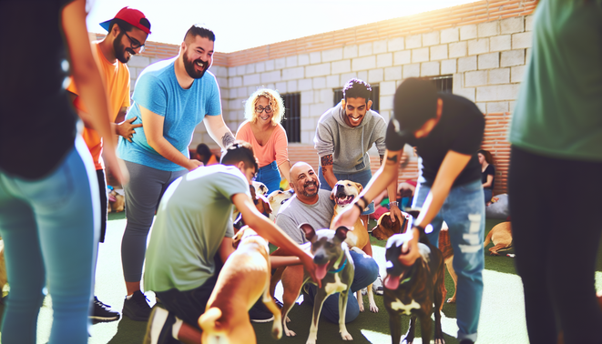 A vibrant image of volunteers joyfully engaging with diverse dogs in a sunny, welcoming shelter setting.