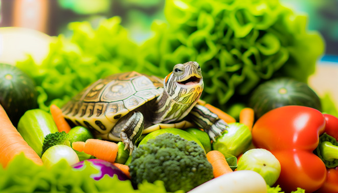 alt_text: A vibrant scene with fresh veggies and a happy turtle, promoting healthy diets for pet turtles.