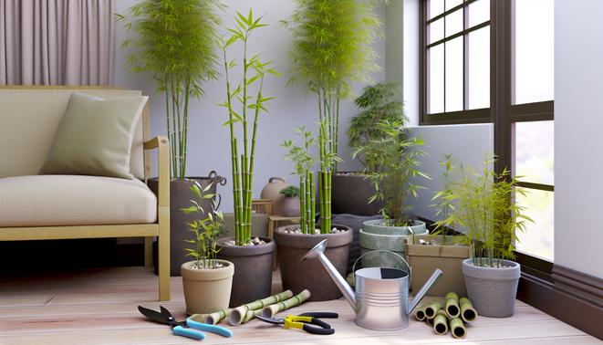 alt_text: Cozy indoor scene showcasing diverse pots for bamboo, with natural light and plant care elements.