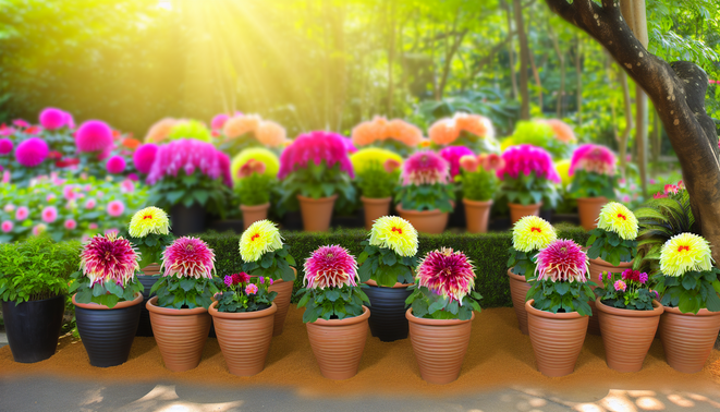 alt_text: "Vibrant dahlias in decorative pots set against a sunny garden, inviting readers to explore gardening."