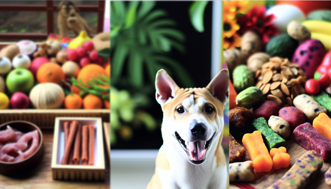 alt_text: A joyful dog near colorful ingredients and homemade raw treats, showcasing pet-owner love.