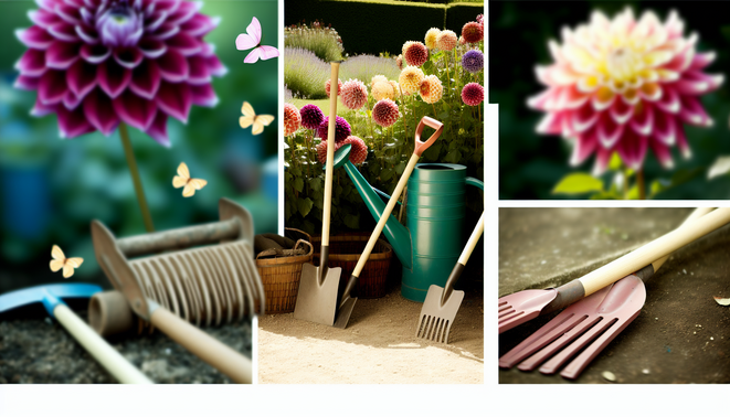 alt_text: A vibrant summer garden filled with colorful dahlias, gardening tools, and a welcoming atmosphere.